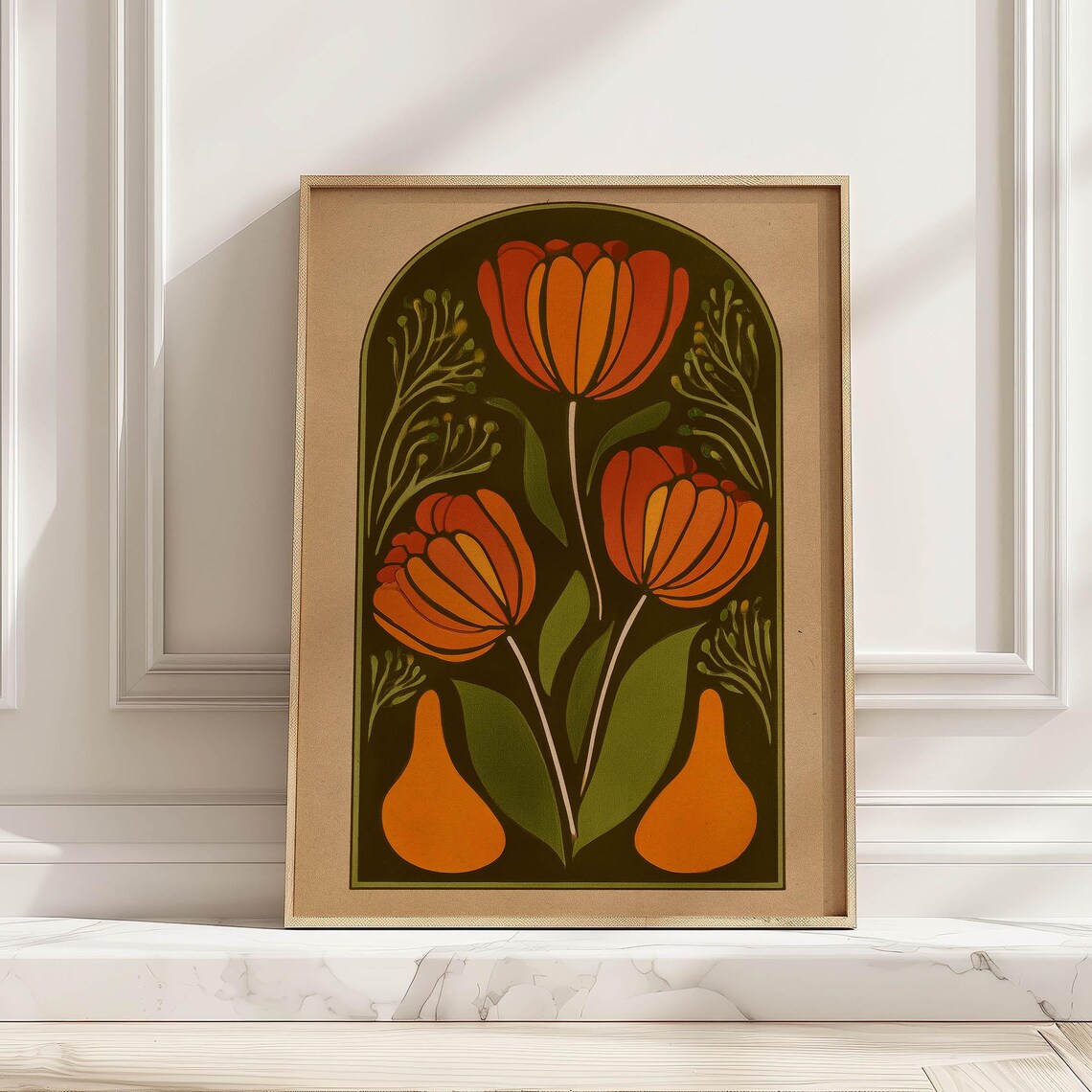Orange Tulips Arched Art Nouveau Dark Olive Vintage Floral Poster