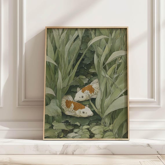 Muted Green Botanical Koi Fish Poster Vintage Oriental Animal Art Print Wabi Sabi Decor