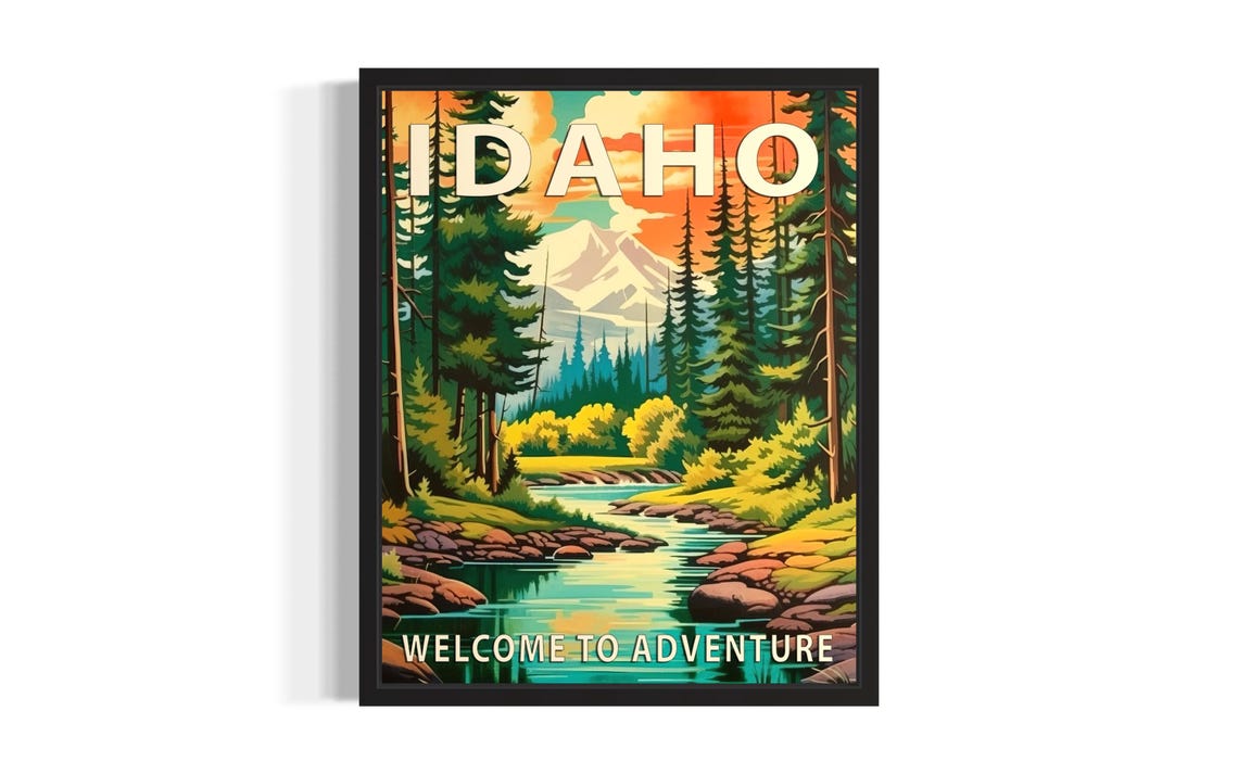 Idaho Welcome to Adventure Forest River Sunset Pines Travel Poster