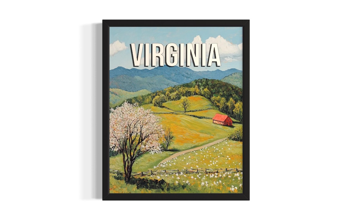 Virginia Spring Dogwood Blossoms Red Barn Meadow Vintage Poster Art