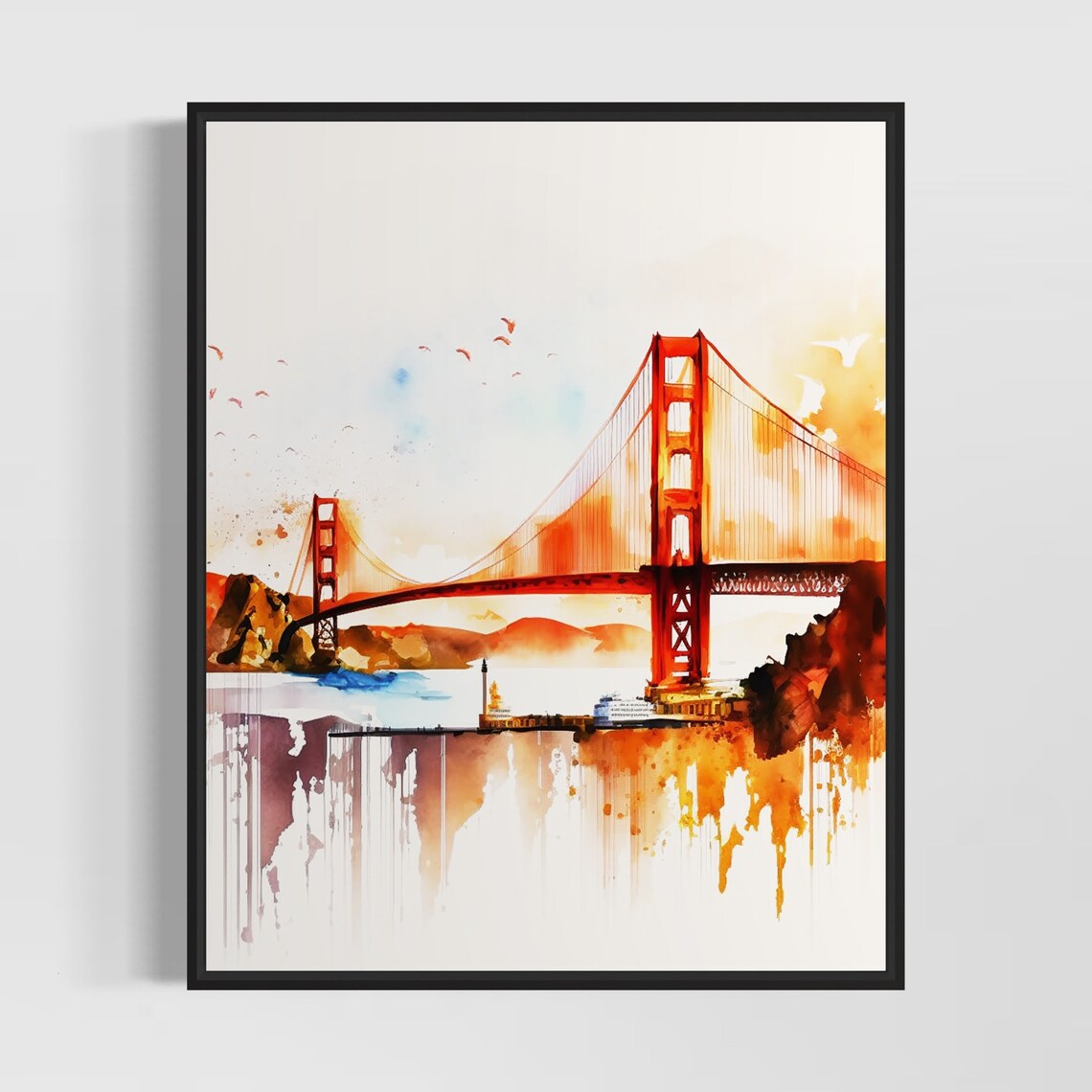 Golden Gate Bridge San Francisco Sunset Watercolor Travel Poster