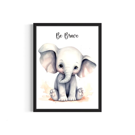Sweet Baby Elephant Be Brave Floral Watercolor Nursery Poster