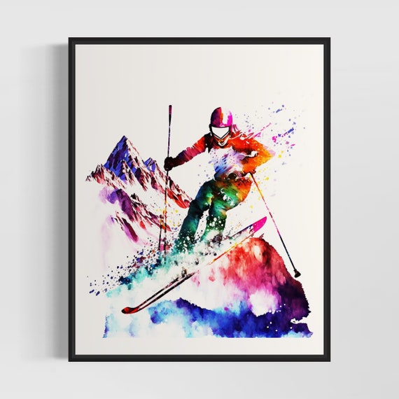 Ski And Mountain Watercolor Art Print Ski And Mountain Painting Wall Art Poster Original Artwork By Artist