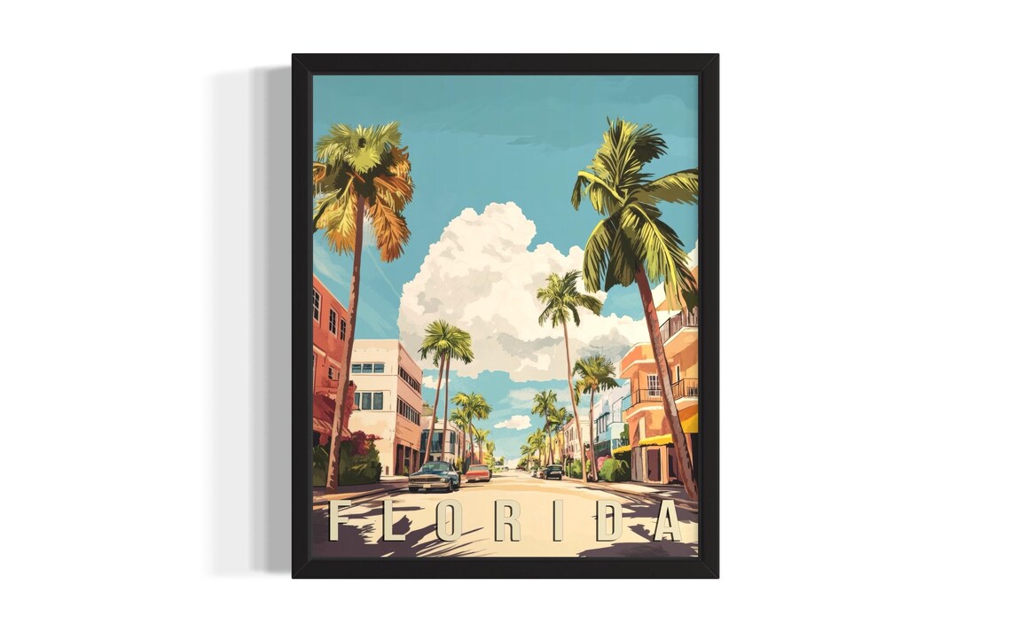 Florida Palm Lined Street With Art Deco Buildings Travel Poster