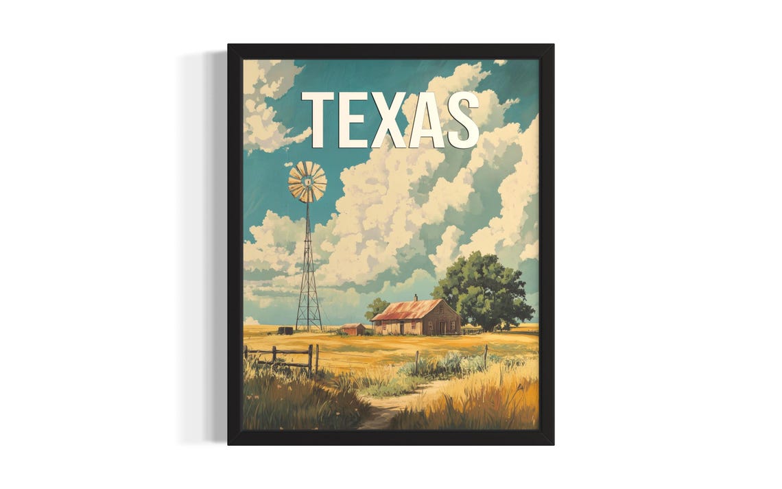 Texas Great Plains Windmill Barn Golden Grassland Sky Poster