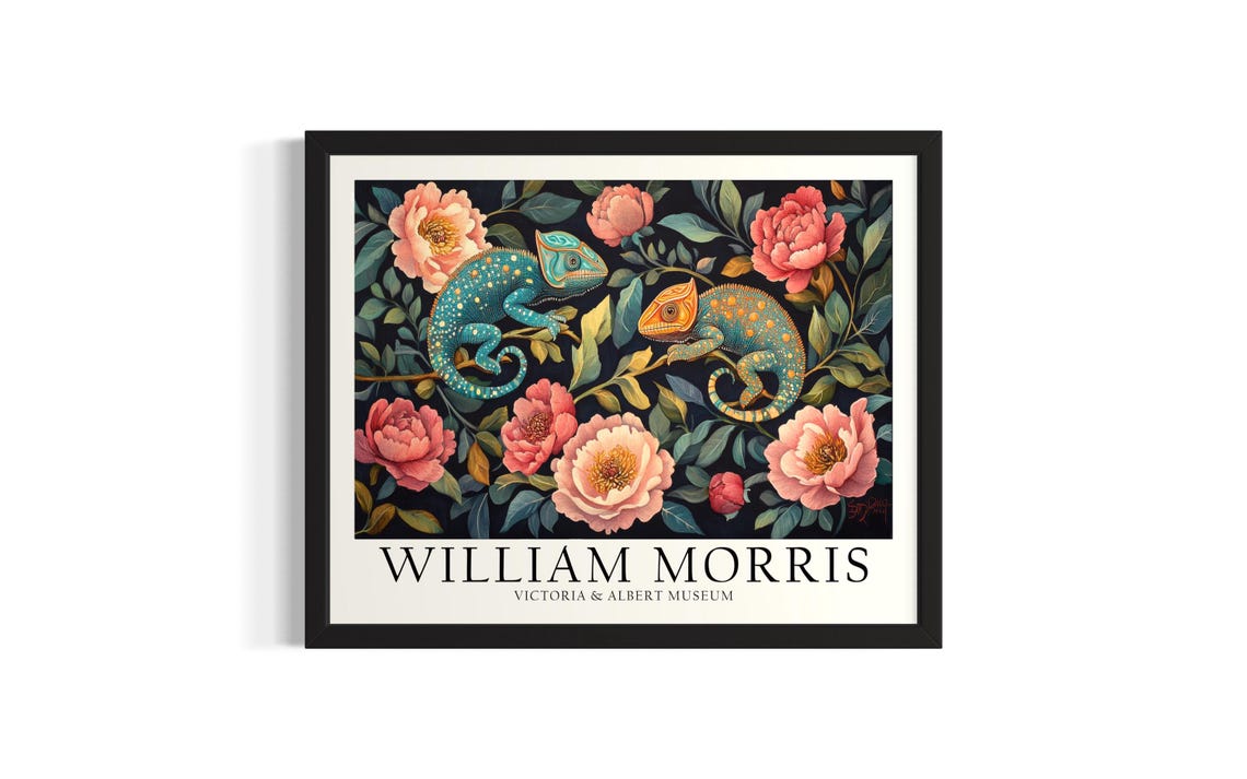 Two Chameleons Among Pink Peonies William Morris Inspired Art Poster