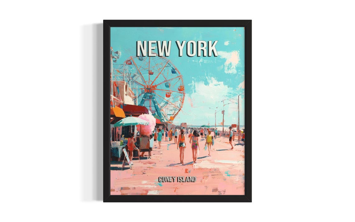New York Coney Island Boardwalk Ferris Wheel Summer Scene Poster