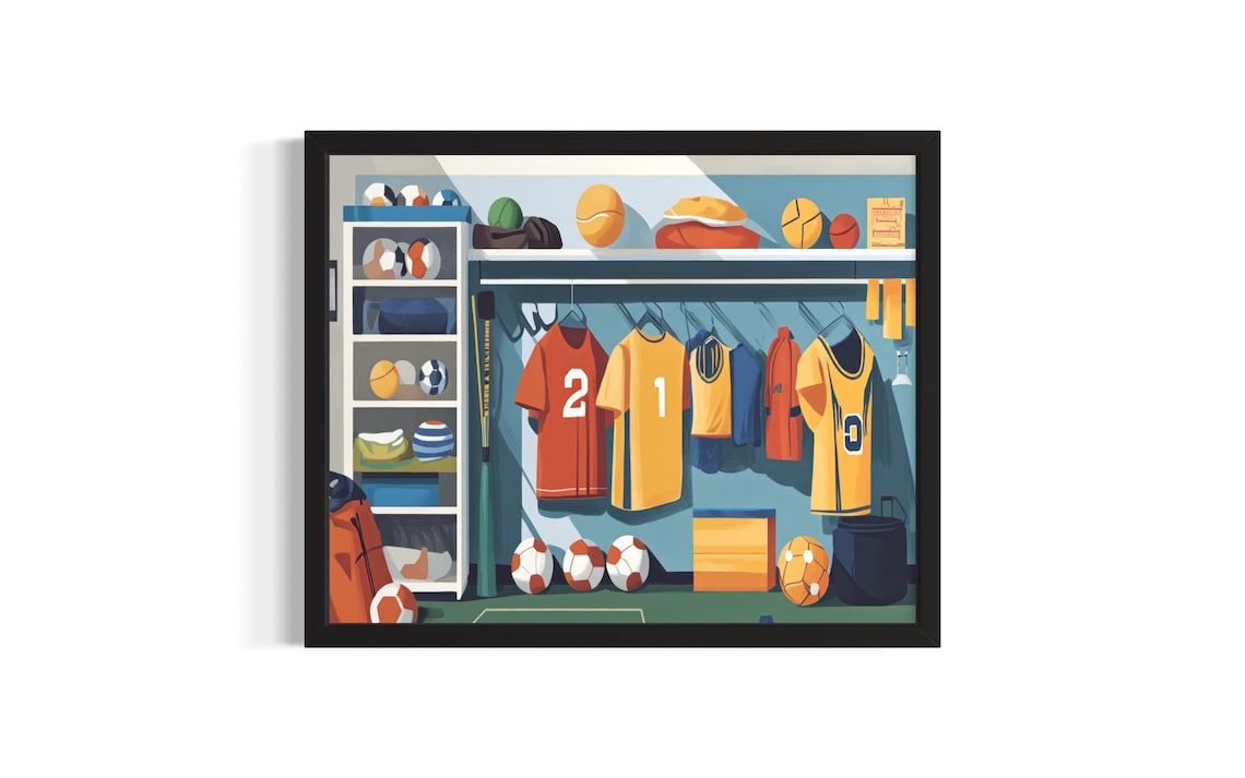 Sports Locker Room with Jerseys and Balls Flat Illustration Art Poster