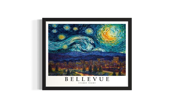 Bellevue Washington Starry Night City Skyline Swirling Sky Poster