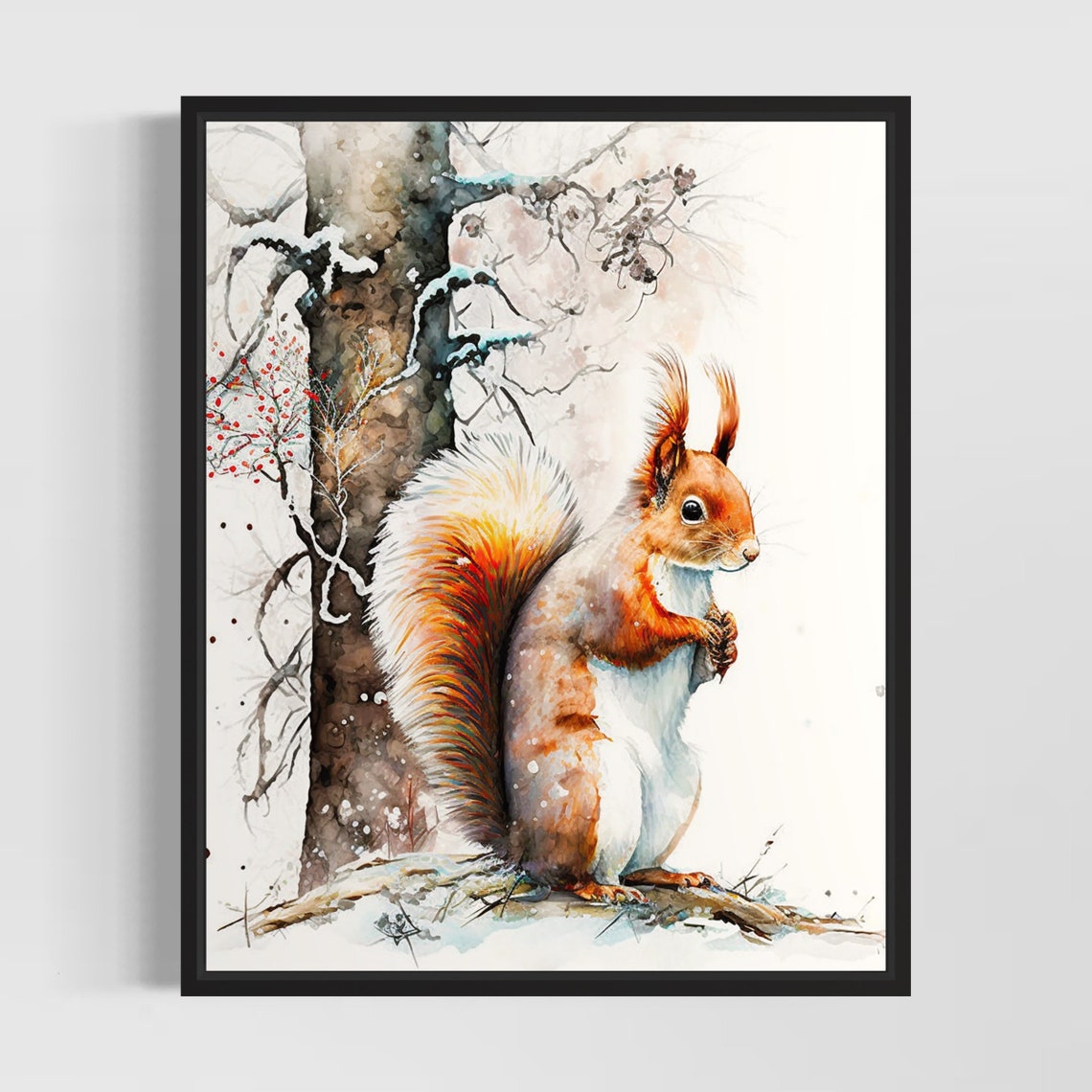 Red Squirrel Clinging to Frosty Tree Winter Watercolor Poster