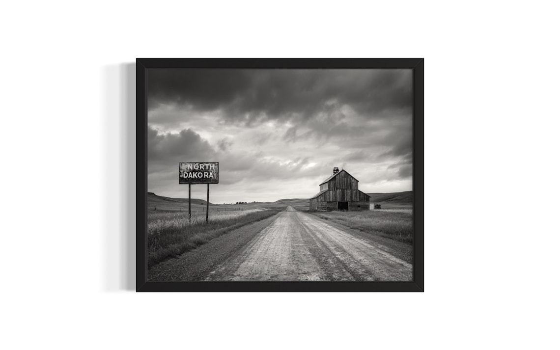 North Dakota Highway Sign Stormy Sky Black White Photo Poster