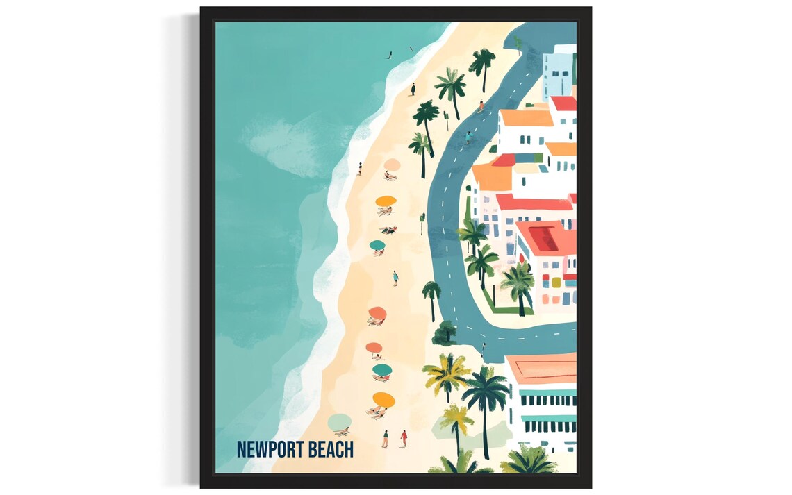 Newport Beach Aerial Boardwalk Palms And Sand Retro Travel Poster