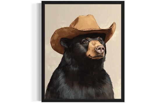 Glossy Black Bear in Cowboy Hat Funny Western Wildlife Portrait Poster