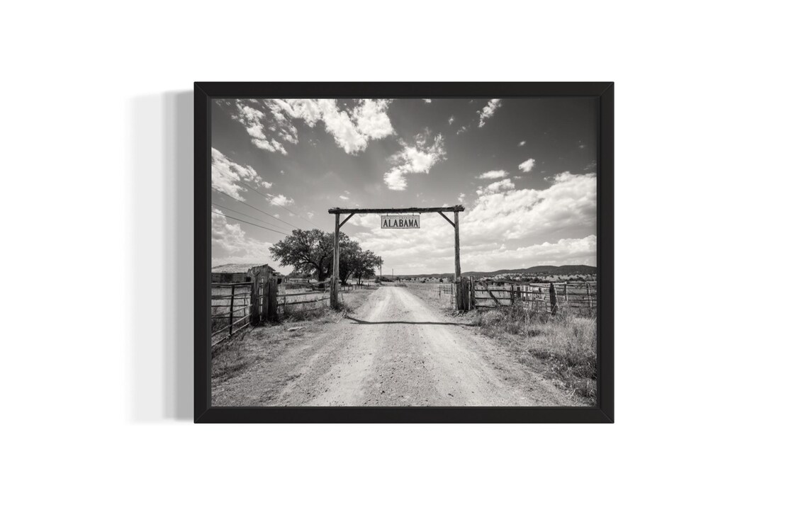 Alabama Ranch Gate Dirt Road Black and White Western Photo Print