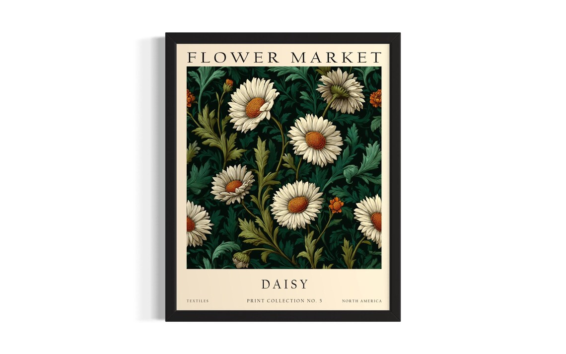 White Daisy Flower Market Vintage Meadow Botanical Illustration Poster