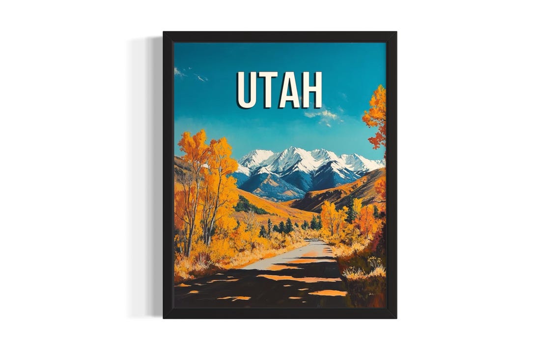 Utah Fall Aspen Gold Leaves Snowy Peaks Mountain Road Poster