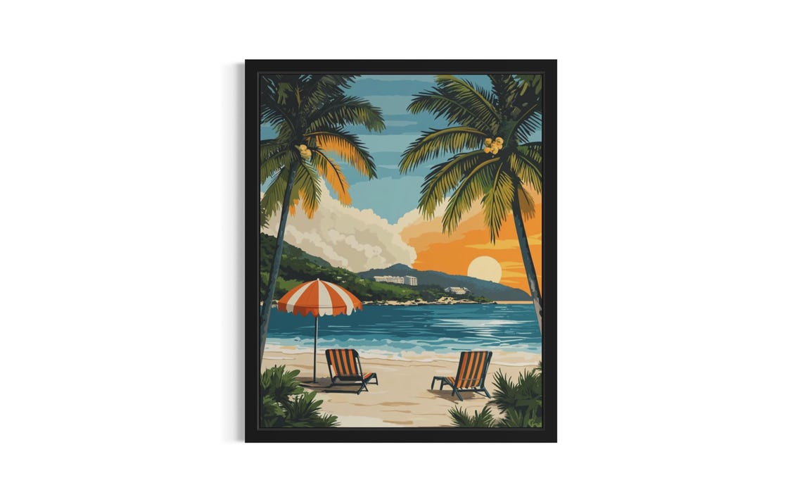 Seychelles Beach Sunset Poster Deck Chairs Palm Trees Seaside