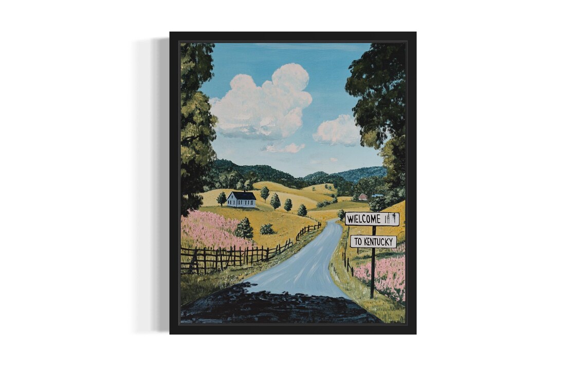Kentucky Welcome Sign Rolling Hills Country Road Scenic Poster Art