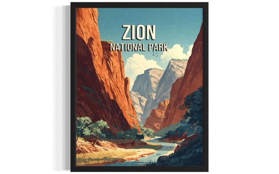 Zion National Park River Winding Through Red Canyon Walls Travel Poster