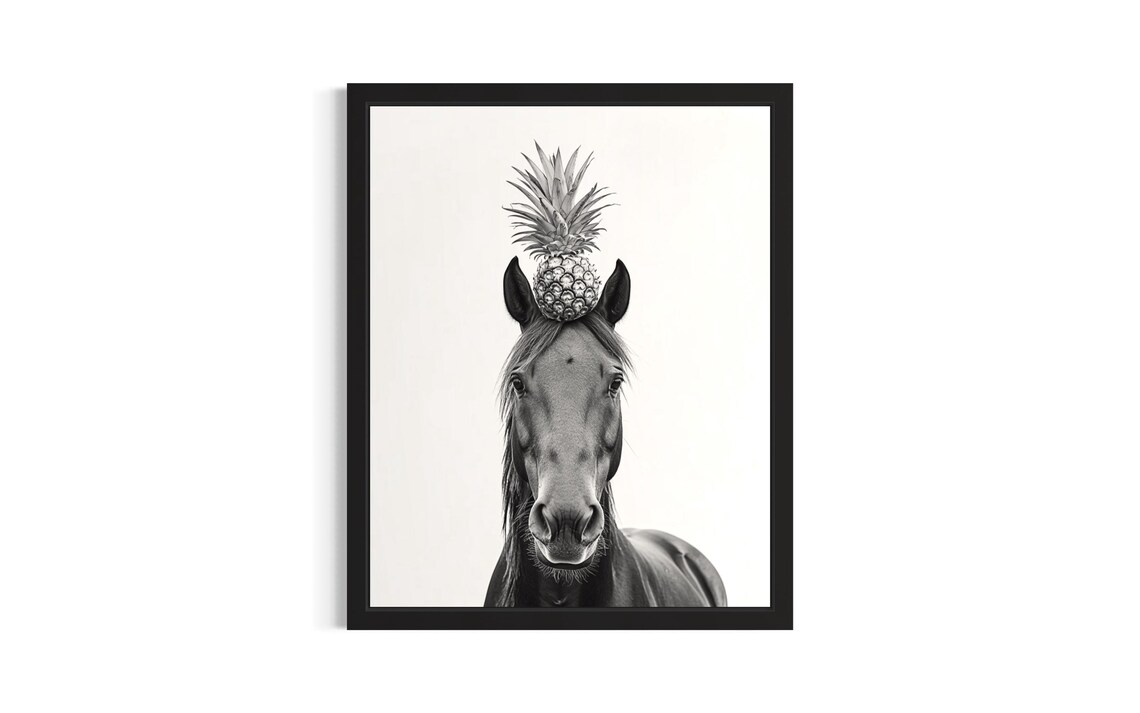 Horse Pineapple Hat Black and White Funny Animal Portrait Poster
