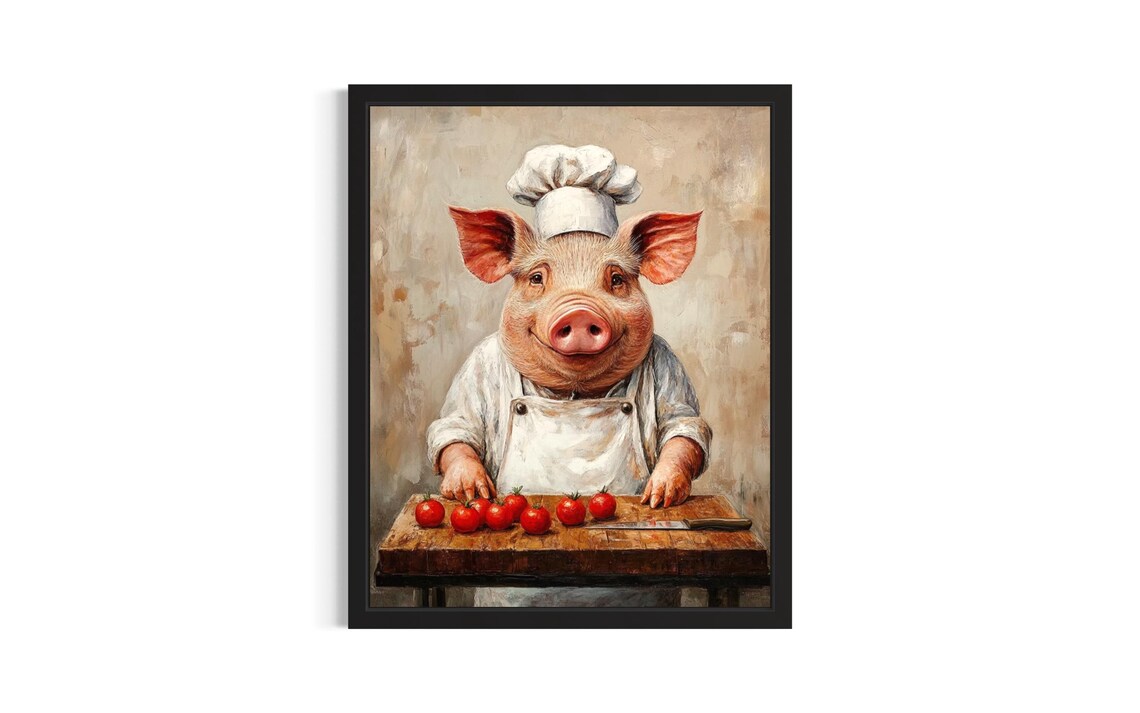Pig Chef Oil Painting Portrait Farmhouse Kitchen Decor Poster