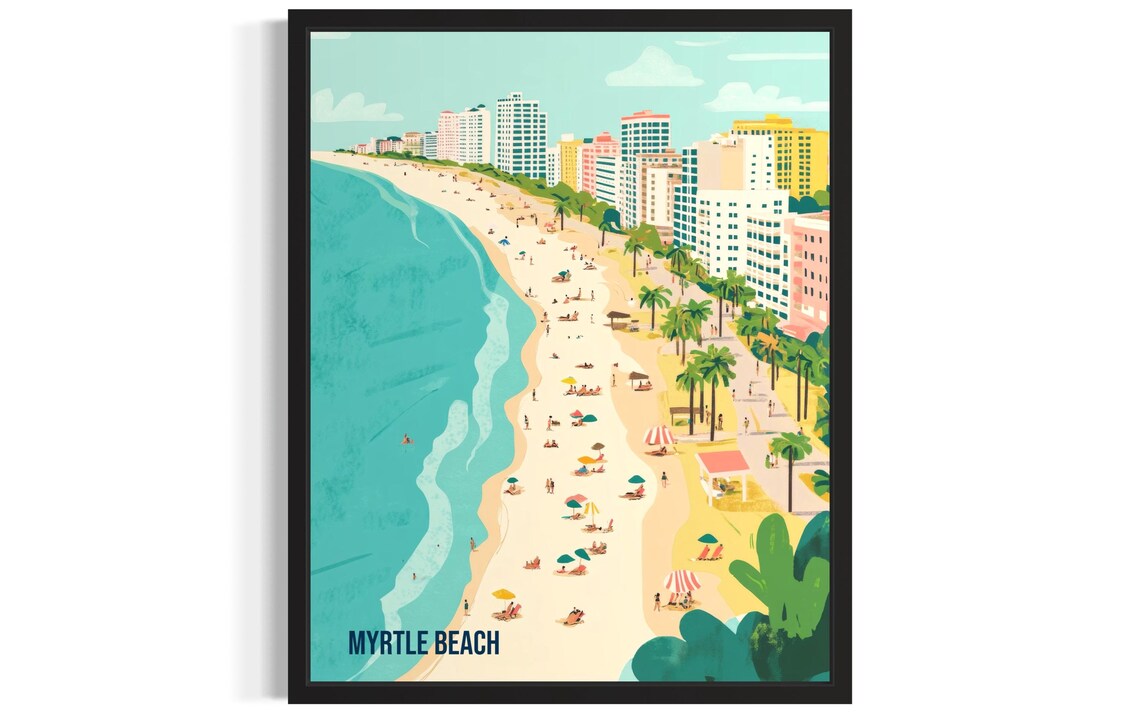 Myrtle Beach Skyline With Crowded Sandy Shore Retro Travel Poster