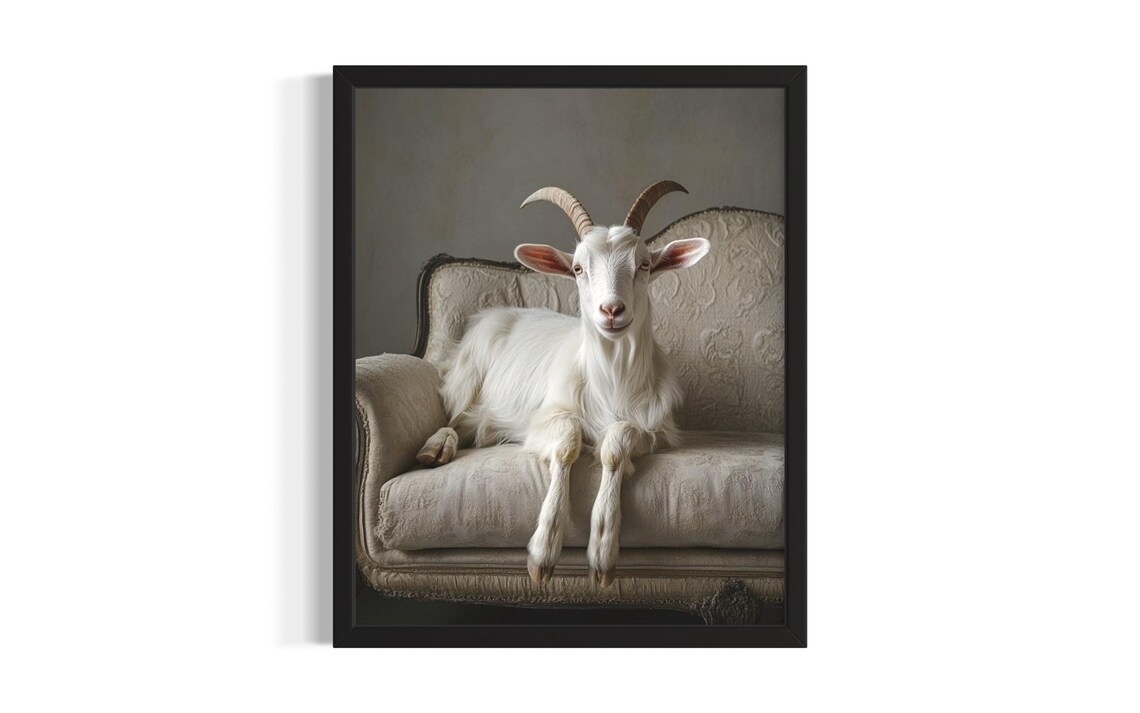 White Goat Sitting Pretty on Vintage Armchair Portrait Poster
