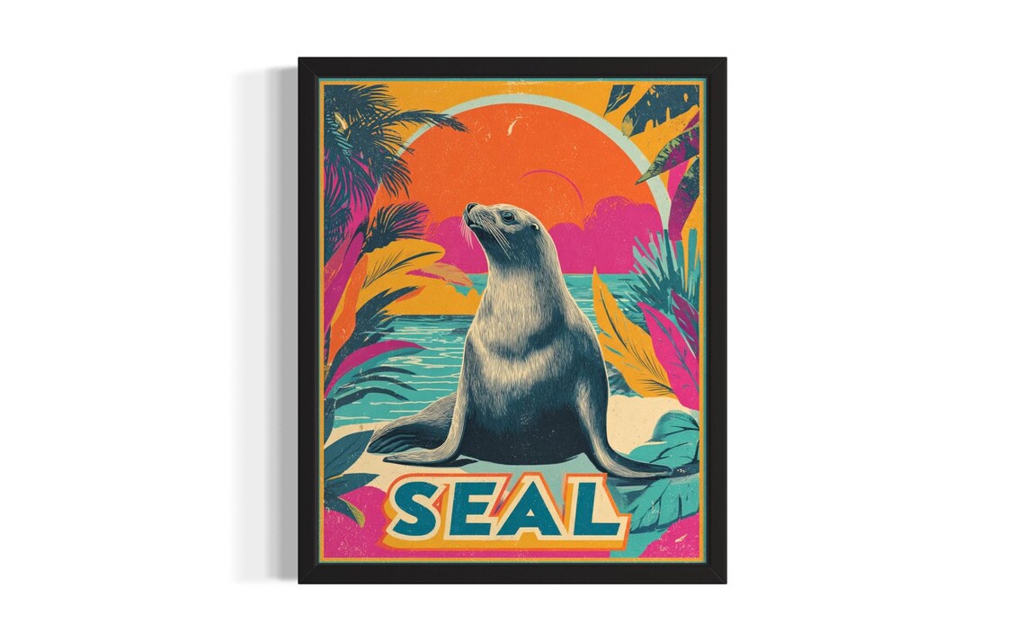 Seal Ocean Shore Sunset Colorful Pop Art Animal Portrait Poster
