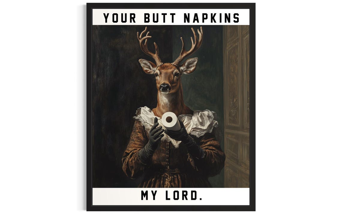 Deer Butt Napkins Animals Poster Art Print Restroom Wall Original Painting Artwork Decor