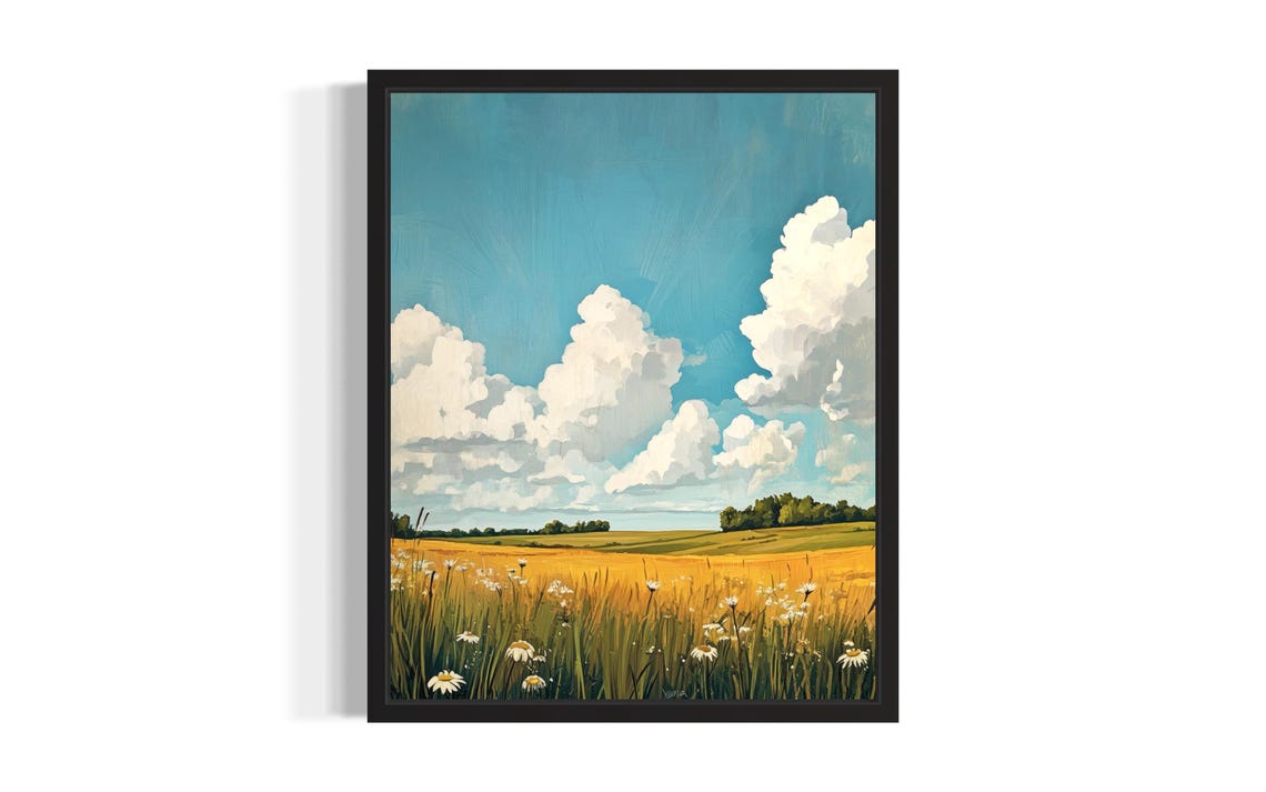 Summer Prairie Meadow with White Daisies and Big Clouds Wall Art