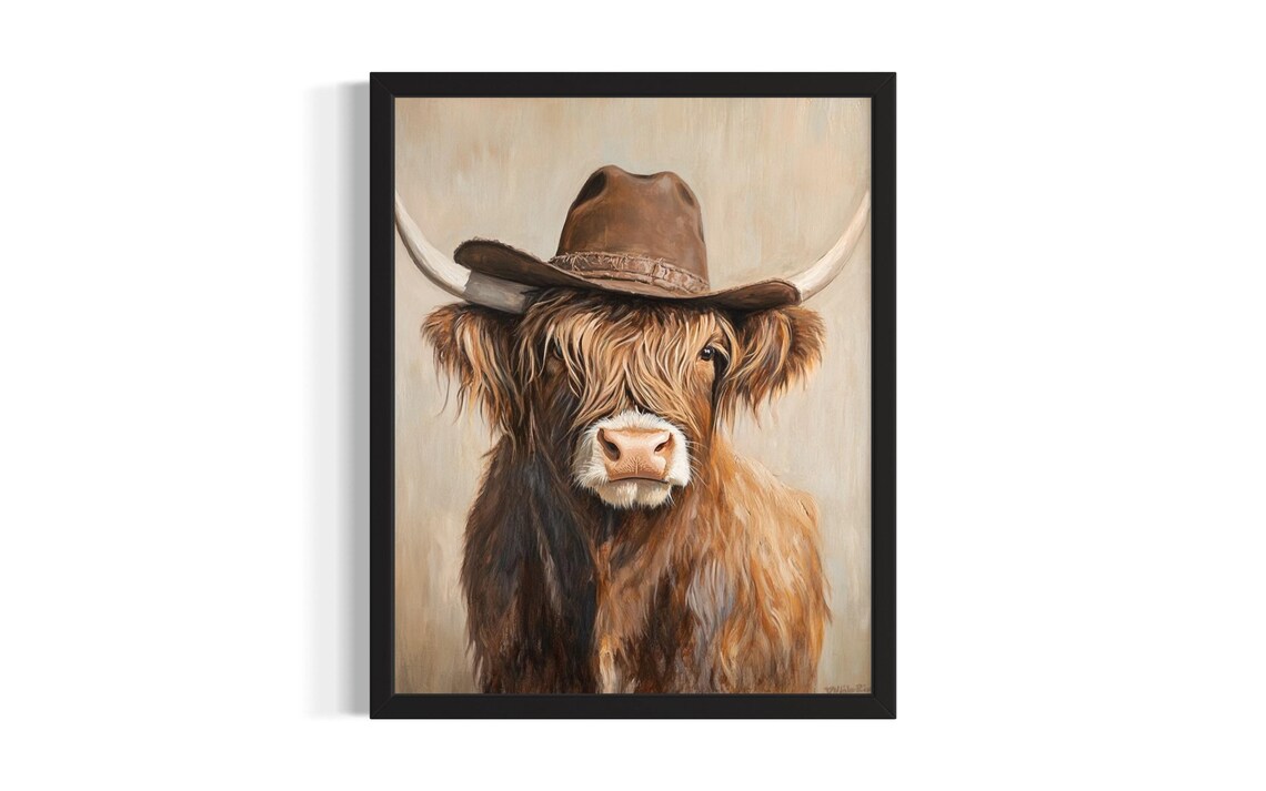 Highland Cow Wearing Cowboy Hat Western Portrait Poster Art Piece