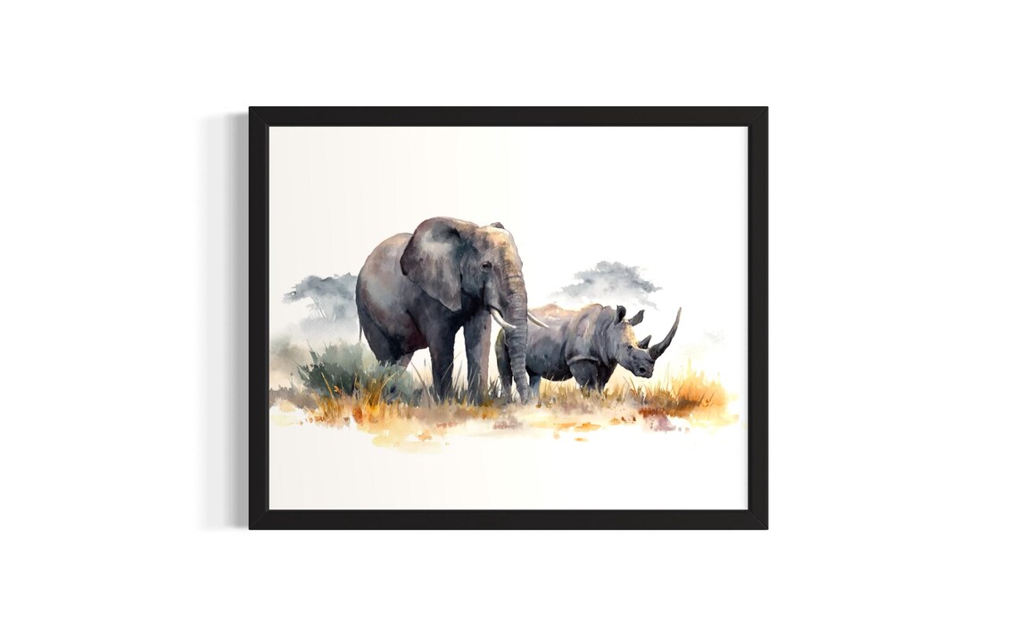 Elephant and Rhino Walking Together Watercolor Safari Poster