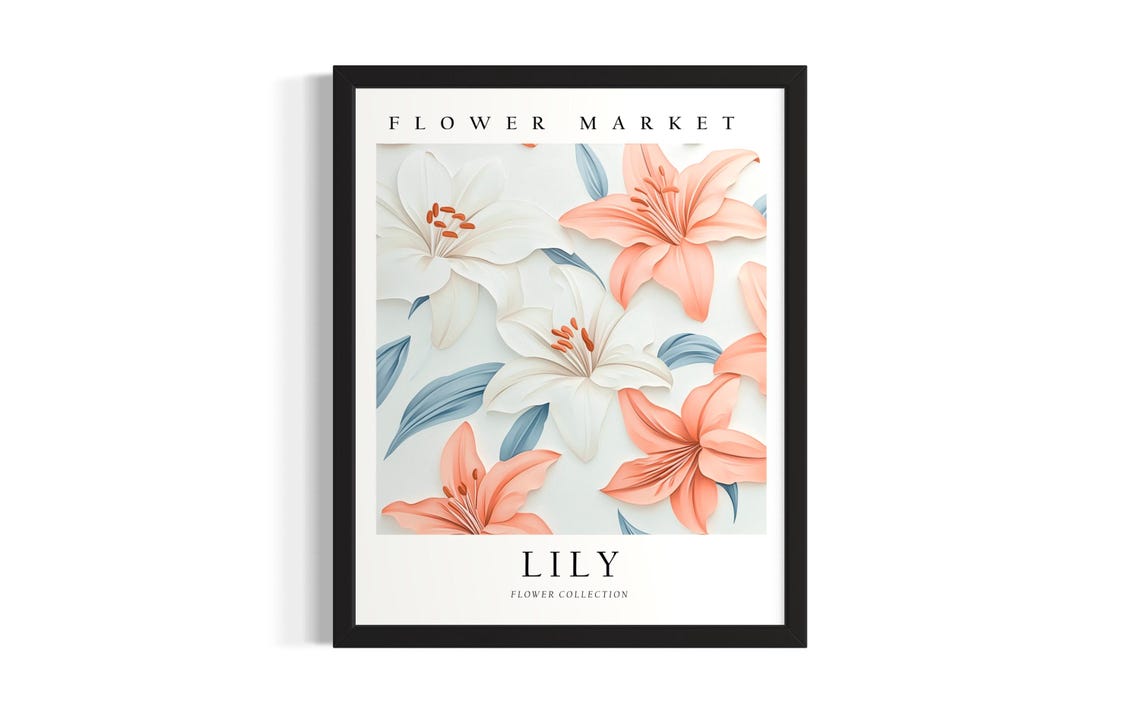 White Coral Lily Flower Market Collection 3D Paper Botanical Poster