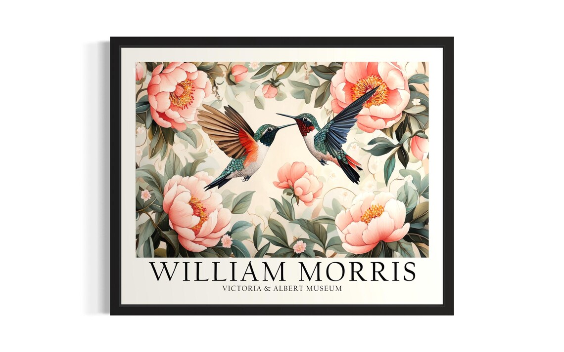 William Morris Hummingbirds Pink Peonies Floral Garden Poster