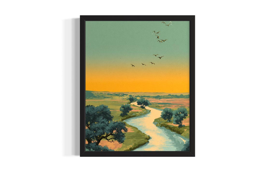 Winding River Sunset Landscape Poster With Birds Over Golden Plains