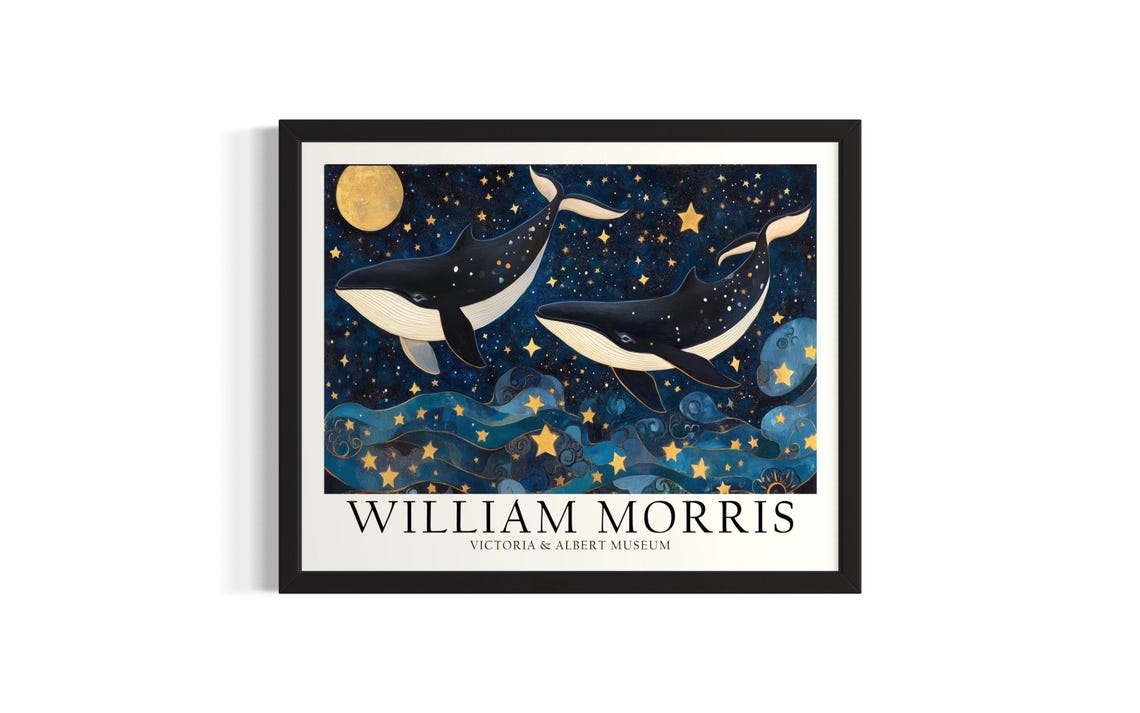 Two Whales Under a Starry Moonlit Sky William Morris Style Art Poster