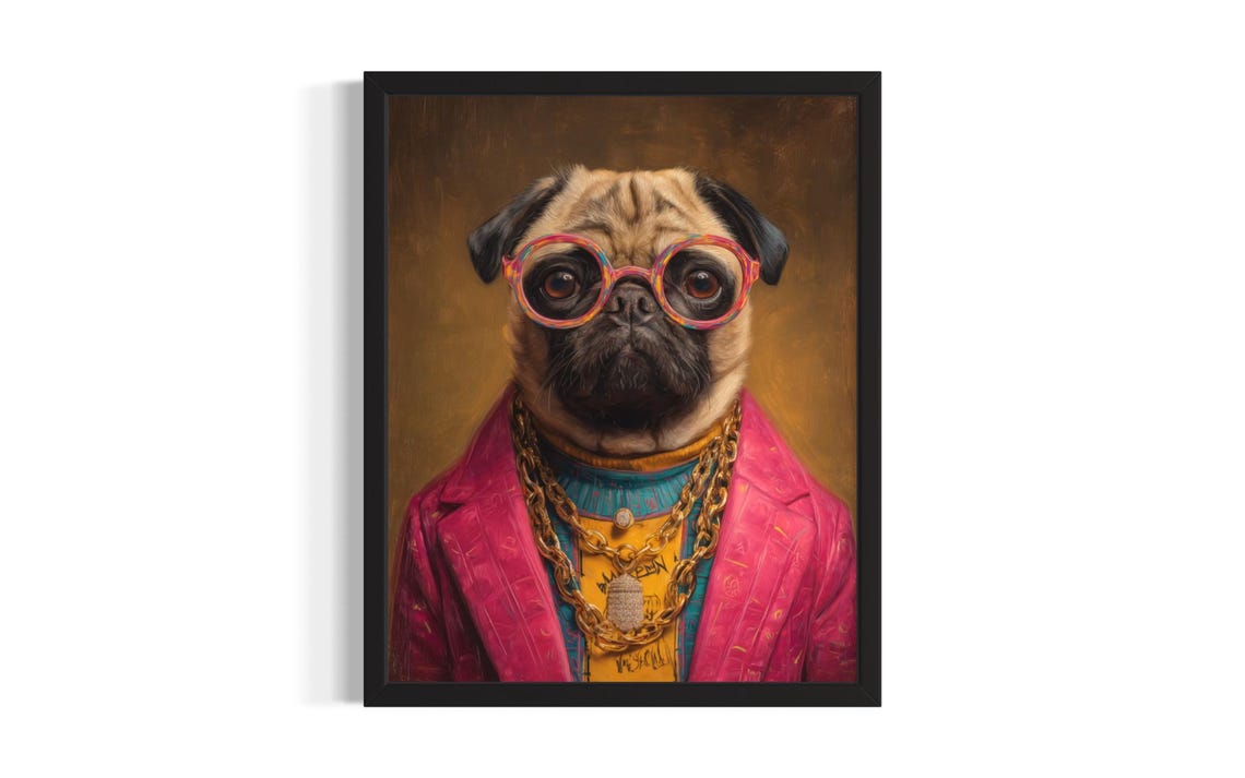 Pug Dog Hip Hop Portrait Pink Glasses Blazer Diamond Pendant Poster