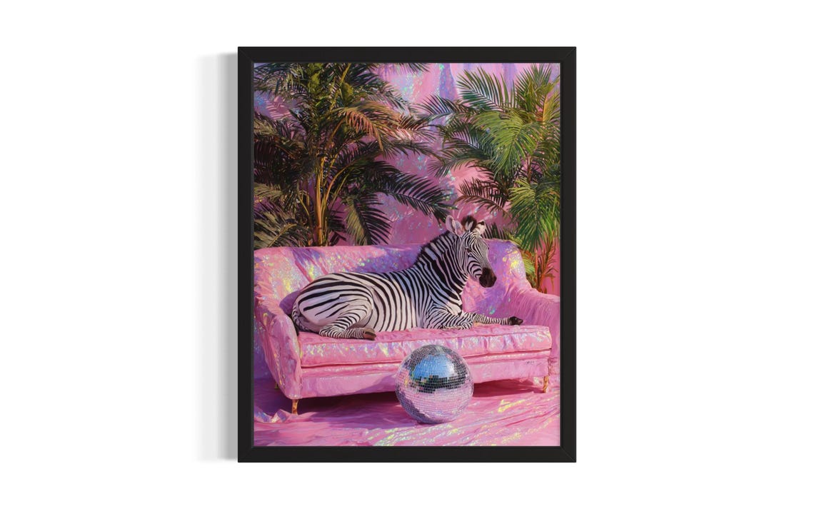 Zebra Resting on Pink Glitter Sofa Disco Ball Tropical Art Poster