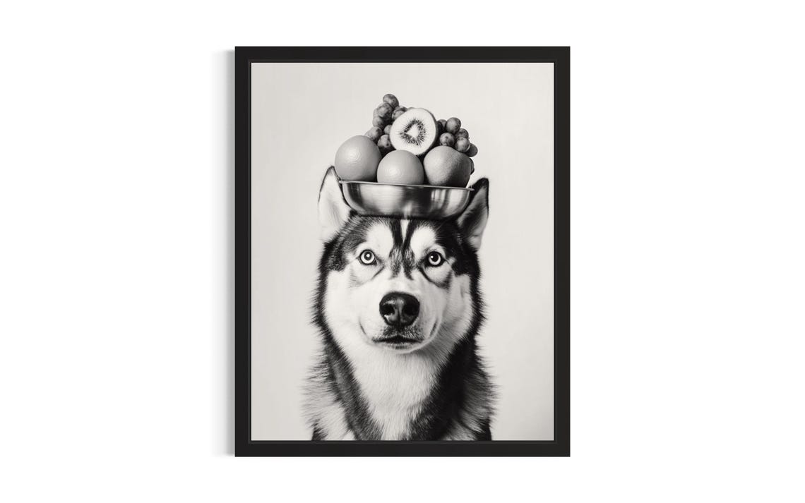 Siberian Husky Balancing Fruit Bowl Black White Dog Portrait Poster