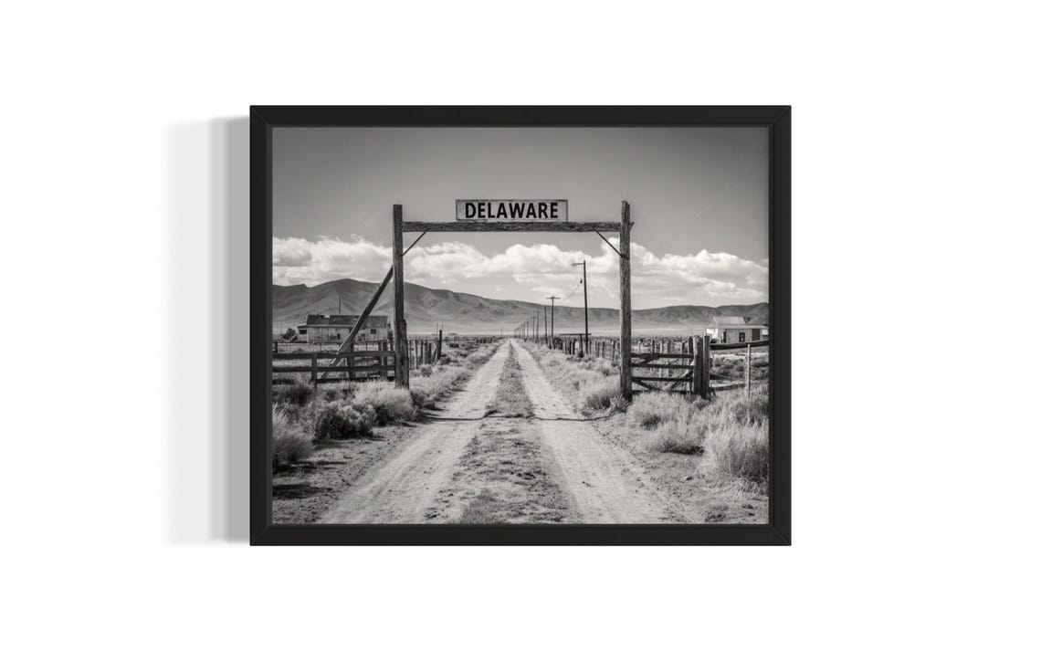 Delaware Ranch Gate Dirt Road Mountain View Black and White Wall Art