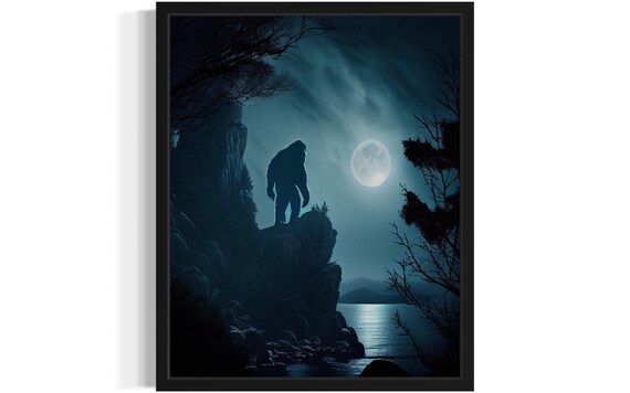 Bigfoot Silhouette on Moonlit Cliff Over Ocean Night Cryptid Art Poster
