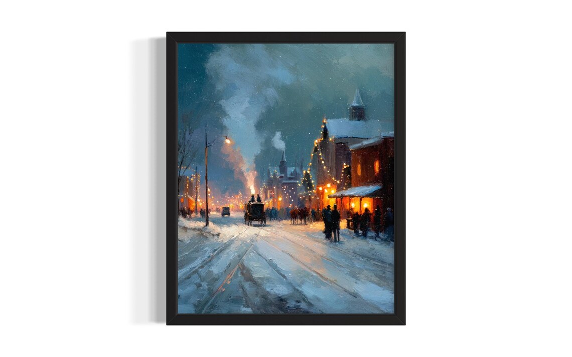 Snowy Vintage Street Night Horse Carriage Christmas Lights Art Poster