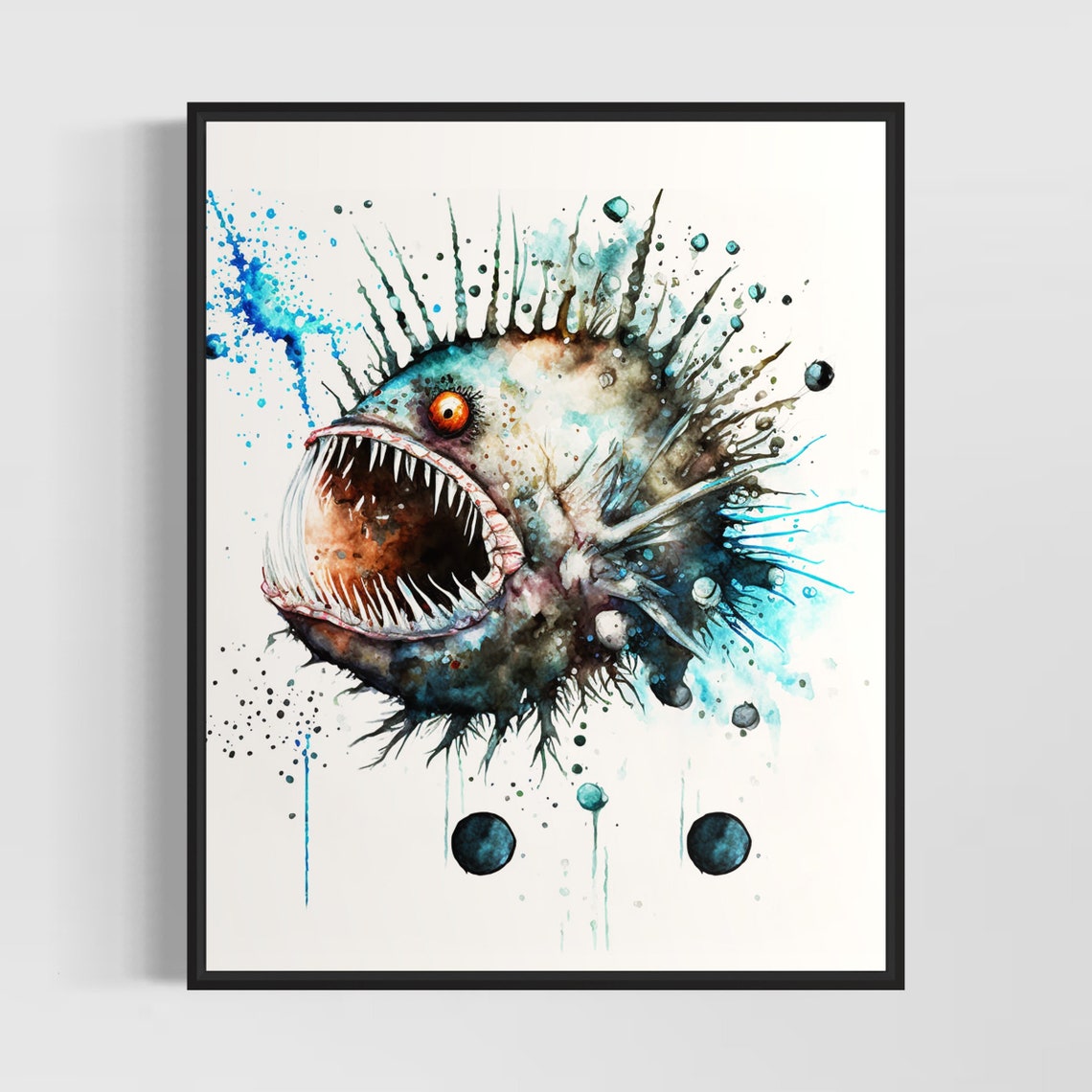 Anglerfish Deep Sea Fish Watercolor Teal Monster Fish Art Poster