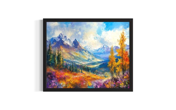 Snowy Mountain Valley with Autumn Meadow Colorful Alpine Art Poster