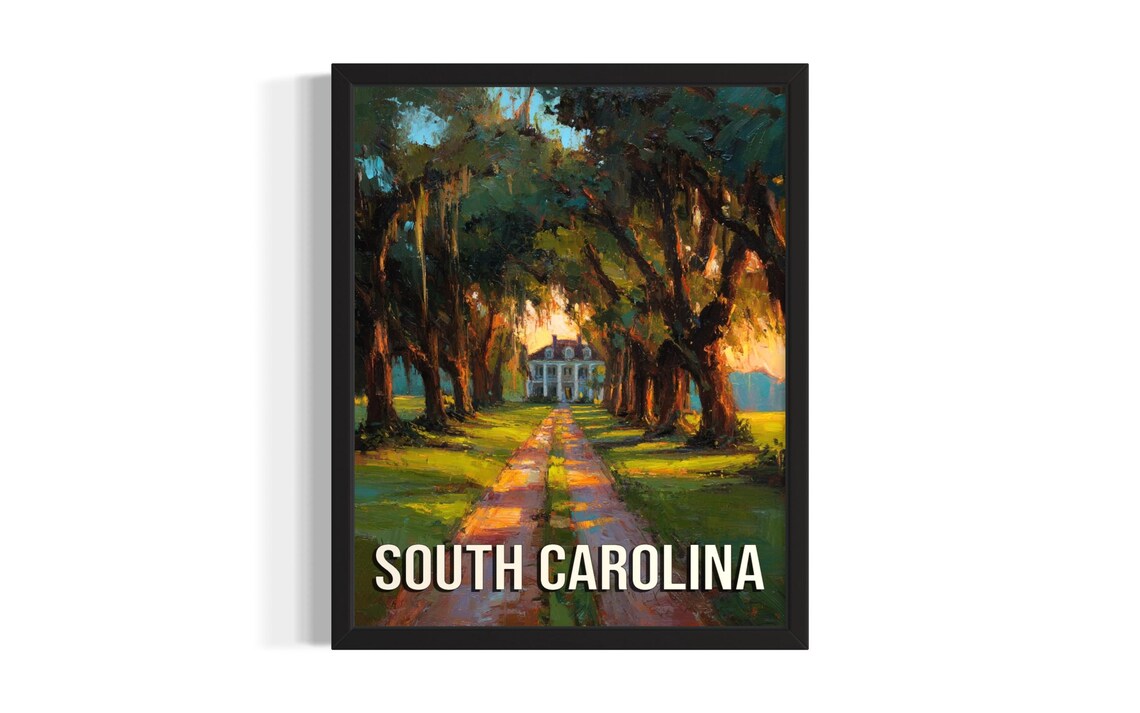 South Carolina Historic Plantation Live Oak Avenue Sunset Art Poster