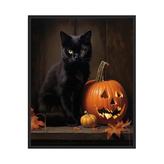 Black Cat Sitting With A Jack O Lantern Pumpkin Halloween Poster