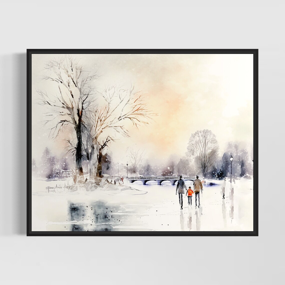 Winter Family Walk Through Snowy Park To Bridge Watercolor Poster