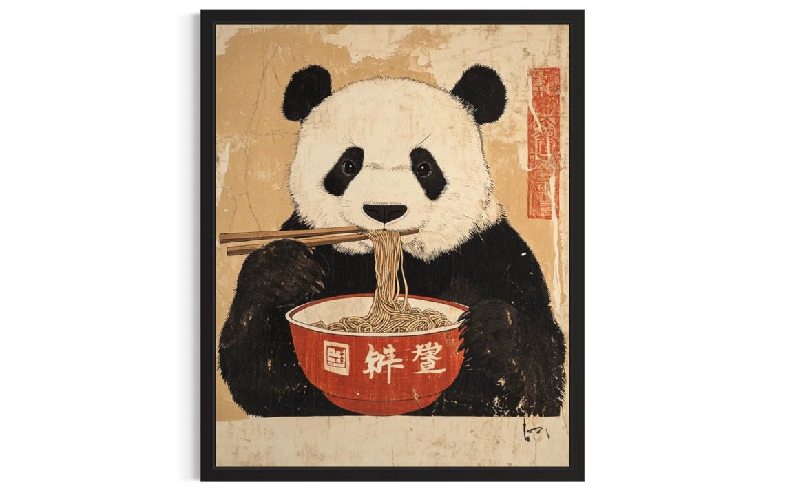 Panda Animal Kitchen Ramen Poster Art Print Wall Original Painting Artwork Decor