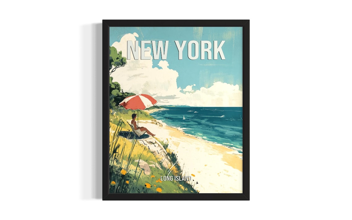 New York Long Island Beach Vintage Summer Umbrella Travel Poster