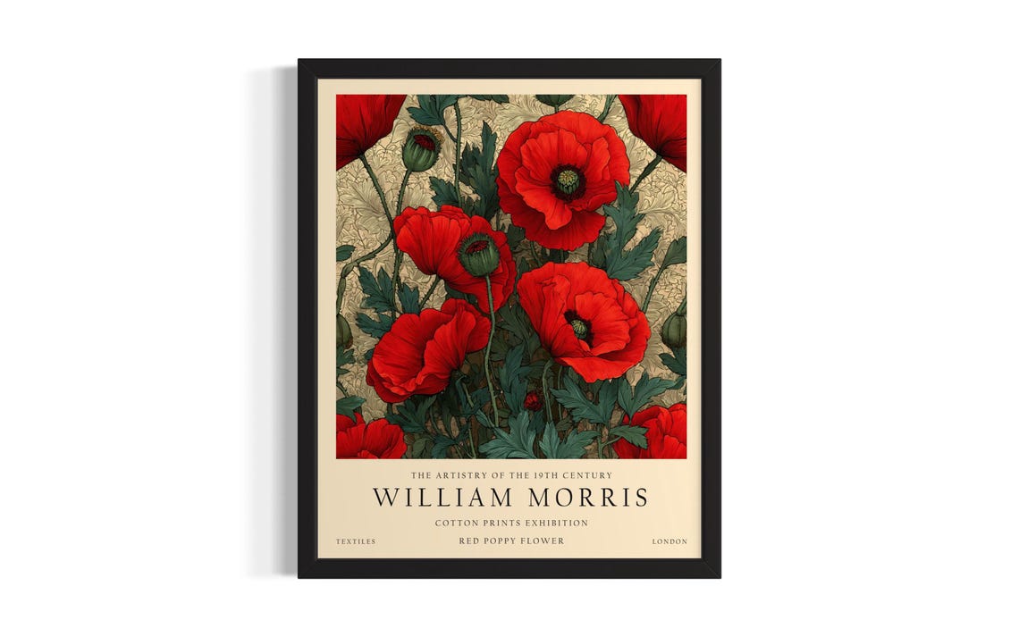 William Morris Red Poppy Flower Vintage Botanical Floral Poster